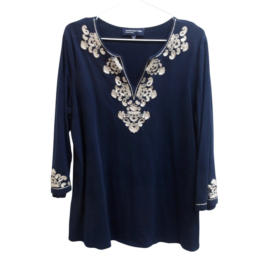 Jones New York Signature Navy Blue Embroidery Top XL Womens Blouse /#26405